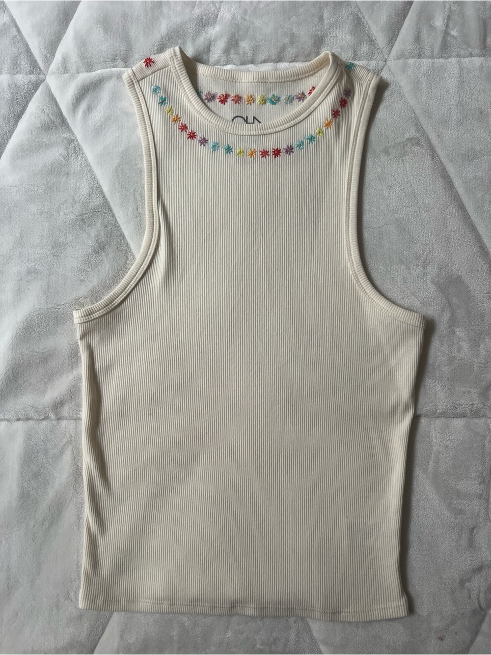 Cream Ribbed Tank Top with Rainbow Floral Embroidery